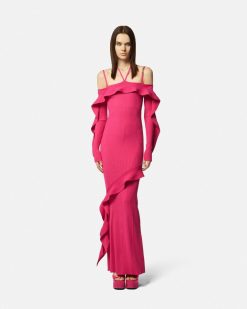 Vetements | Versace Robe Longue En Maille Cotelee A Volants