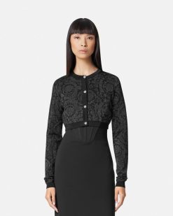 Maille | Versace Cardigan Court En Maille Motif Barocco Lurex