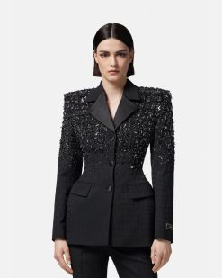 Vestes Et Blazers | Versace Blazer En Jacquard Crocodile Avec Cristaux