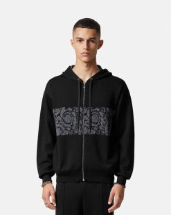 Maille | Versace Hoodie Zippe En Maille Jacquard Barocco